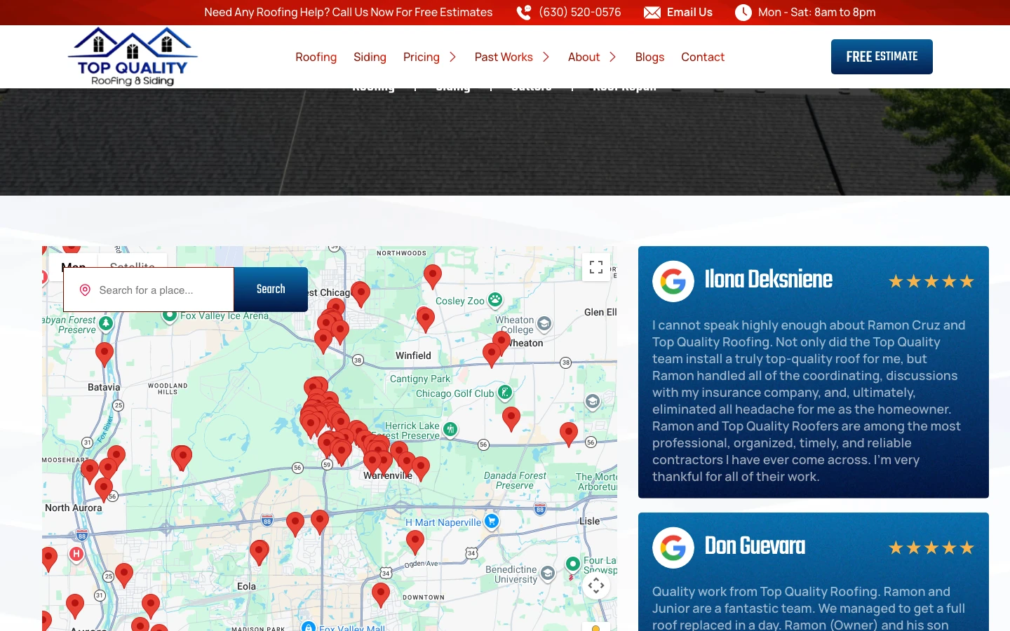 Interactive job map — every completed project plotted across DuPage, Will, Kane, and Kendall counties so homeowners can see Top Quality work done on their street